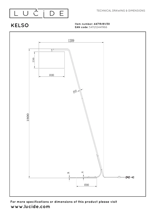 Lucide KELSO - Vloerlamp - 1xE27 - Zwart - technisch